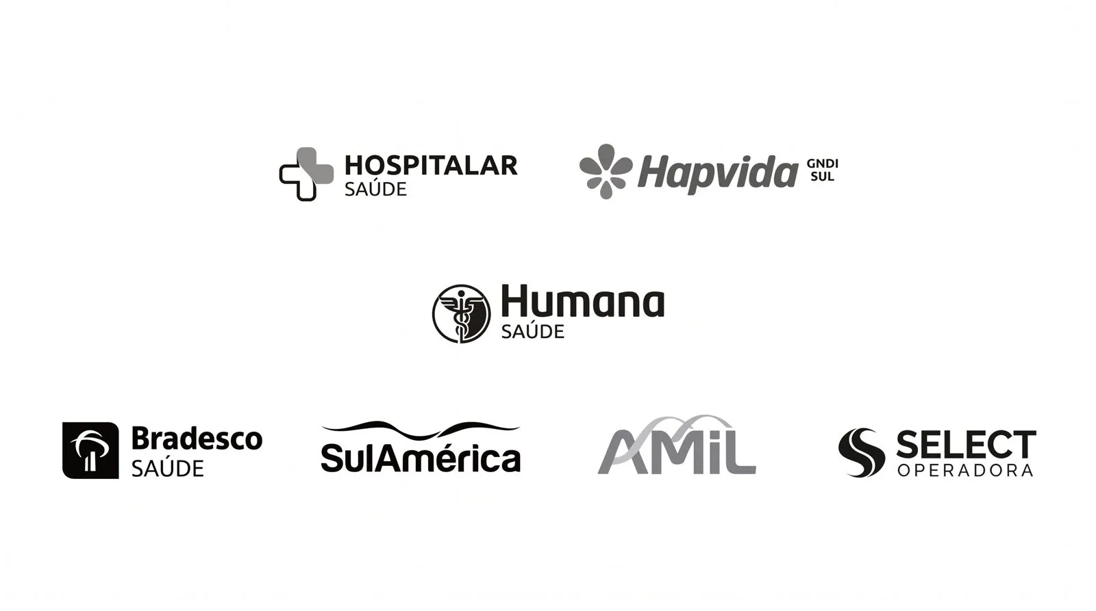 Logotipos dos convênios atendidos: Hospitalar Saúde, Hapvida GNDI Sul, Humana Saúde, Bradesco Saúde, SulAmérica, Amil e Select Operadora